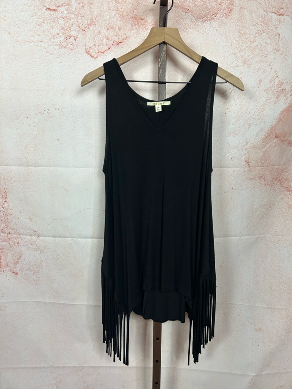 MIAMI black asymmetric fringe tunic top size medium v-neck western boho knit